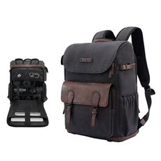 Zaino a spalla vintage Cwatcun D128 con scomparto diviso, borsa fotografica resistente agli spruzzi di grande capacità, colore: nero medio