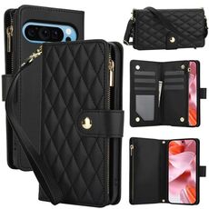 Per Google Pixel 9 Pro XL YM016 Custodia per telefono in pelle con cerniera rombica e cordino (nero)