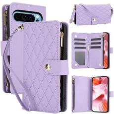 Per Google Pixel 9 Pro XL YM016 Custodia per telefono in pelle con cerniera rombica e cordino (viola chiaro)