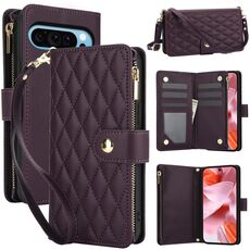 Per Google Pixel 9 Pro XL YM016 Custodia per telefono in pelle con cerniera rombica e cordino (viola scuro)