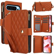Per Google Pixel 9 Pro XL YM016 Custodia per telefono in pelle con cerniera rombica e cordino (marrone)