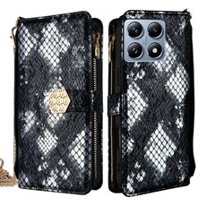 Per Xiaomi 14T Pro 5G Custodia a tracolla in pelle con texture serpente (nero)