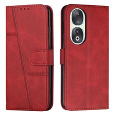 Custodia per telefono in pelle con fibbia in vitello con cuciture per Honor 90 (rosso)