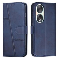 Custodia per telefono in pelle con fibbia in vitello con cuciture per Honor 90 (blu)