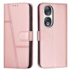Custodia per telefono in pelle con fibbia e texture in vitello con cuciture per Honor 90 (oro rosa)