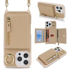 Per iPhone 7/8/SE 2022 Portafoglio con cerniera a tracolla e anello in pelle Litchi (oro rosa)