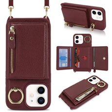 Per iPhone 11 Portafoglio a tracolla con cerniera e anello, custodia per telefono in pelle Litchi (vino rosso)