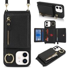 Per iPhone 11 Portafoglio con cerniera a tracolla e anello Custodia per telefono in pelle Litchi (nero)