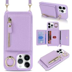 Per iPhone 14 Pro Portafoglio con cerniera a tracolla e anello, custodia per telefono in pelle Litchi (viola)