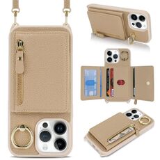 Per iPhone 14 Pro Portafoglio con cerniera a tracolla e anello in pelle Litchi (oro rosa)