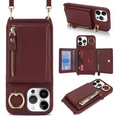 Per iPhone 14 Pro Portafoglio a tracolla con cerniera Porta anelli Custodia per telefono in pelle Litchi (vino rosso)