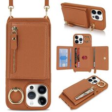 Per iPhone 14 Pro Portafoglio con cerniera a tracolla Anello Portacellulare in pelle Litchi (marrone)