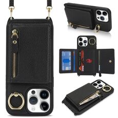 Per iPhone 14 Pro Portafoglio con cerniera a tracolla Anello Custodia per telefono in pelle Litchi (nero)