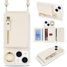 Per iPhone 15 Plus / 14 Plus Portafoglio a tracolla con cerniera e anello Custodia per telefono in pelle Litchi (albicocca)