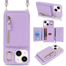 Per iPhone 15 Plus / 14 Plus Portafoglio con cerniera a tracolla Anello Portacellulare in pelle Litchi (viola)