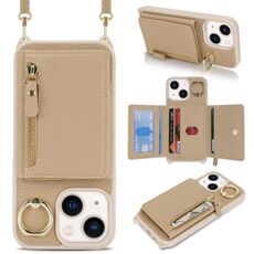 Per iPhone 15 Plus / 14 Plus Portafoglio a tracolla con cerniera e anello in pelle Litchi (oro rosa)