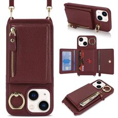 Per iPhone 15 Plus / 14 Plus Portafoglio a tracolla con cerniera Porta anelli Custodia per telefono in pelle Litchi (vino rosso)