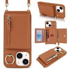 Per iPhone 15 Plus / 14 Plus Portafoglio con cerniera a tracolla Anello Portacellulare in pelle Litchi (marrone)