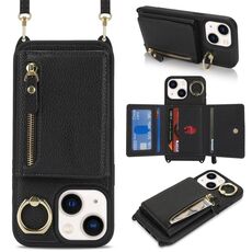 Per iPhone 15 Plus / 14 Plus Portafoglio a tracolla con cerniera Anello Portacellulare in pelle Litchi (Nero)