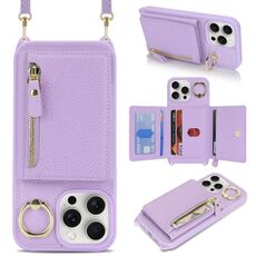Per iPhone 15 Pro Portafoglio con cerniera a tracolla e anello, custodia per telefono in pelle Litchi (viola)