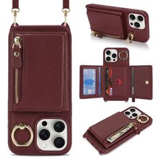 Per iPhone 15 Pro Portafoglio con cerniera a tracolla Anello Portacellulare in pelle Litchi (Vino rosso)