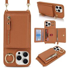 Per iPhone 15 Pro Portafoglio con cerniera a tracolla Anello Portacellulare in pelle Litchi (marrone)