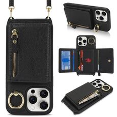 Per iPhone 15 Pro Portafoglio con cerniera a tracolla Anello Custodia per telefono in pelle Litchi (nero)