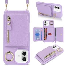 Per iPhone 16 Plus Portafoglio con cerniera a tracolla e anello Custodia per telefono in pelle Litchi (viola)