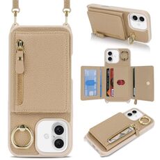 Per iPhone 16 Plus Portafoglio con cerniera a tracolla Anello Portacellulare in pelle Litchi (oro rosa)