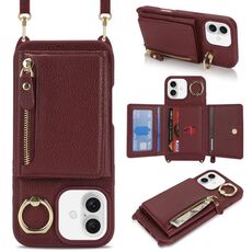 Per iPhone 16 Plus Portafoglio con cerniera a tracolla Anello Portacellulare in pelle Litchi (Vino rosso)
