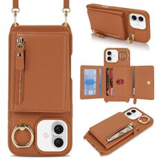 Per iPhone 16 Plus Portafoglio con cerniera a tracolla Anello Portacellulare in pelle Litchi (marrone)