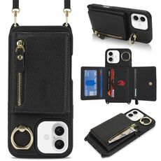 Per iPhone 16 Plus Portafoglio con cerniera a tracolla Anello Portacellulare in pelle Litchi (Nero)