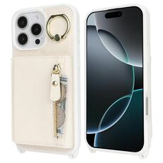 Per iPhone 16 Pro Max Portafoglio con cerniera a tracolla Anello Portacellulare in pelle Litchi (albicocca)