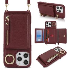 Per iPhone 16 Pro Max Portafoglio a tracolla con cerniera Anello Portacellulare in pelle Litchi (Vino rosso)