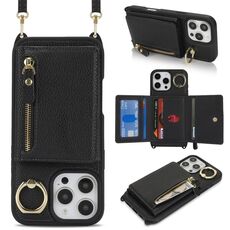 Per iPhone 16 Pro Max Portafoglio con cerniera a tracolla Anello Custodia per telefono in pelle Litchi (nero)