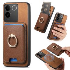 Per vivo iQOO Neo8 /8 Pro Retro Cross Leather Ring Vertical Insert Card Bag MagSafe Custodia per telefono (marrone)