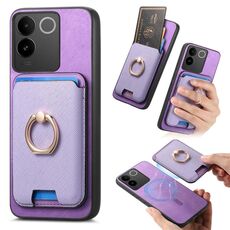 Per vivo Y300+ Retro Cross Leather Ring Vertical Insert Card Bag MagSafe Custodia per telefono (viola)