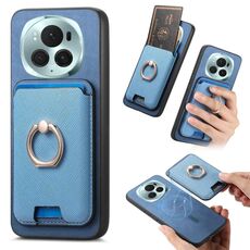 Per Honor Magic6 Pro 5G Retro Cross Leather Ring Vertical Insert Card Bag MagSafe Custodia per telefono (blu)