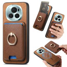 Per Honor Magic6 Pro 5G Retro Cross Leather Ring Vertical Insert Card Bag MagSafe Custodia per telefono (marrone)