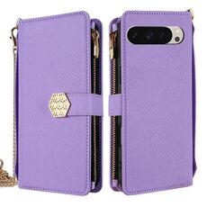 Per Google Pixel 9 Custodia a tracolla in pelle con texture incrociata (viola)