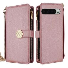 Per Google Pixel 9 Pro XL Custodia a tracolla in pelle con texture incrociata (oro rosa)