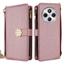 Per Redmi 14C 4G Custodia a tracolla in pelle con texture a croce (oro rosa)