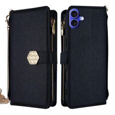 Per iPhone 16 Plus Custodia per telefono in pelle con tracolla e texture incrociata (nero)