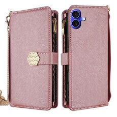 Per iPhone 16 Plus Custodia a tracolla in pelle con texture incrociata (oro rosa)