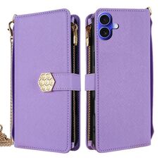 Per iPhone 16 Plus Custodia per telefono in pelle con tracolla e texture incrociata (viola)