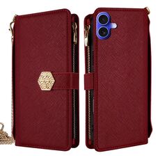 Per iPhone 16 Plus Custodia per telefono in pelle con tracolla e texture incrociata (rosso)