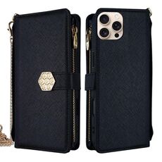 Per iPhone 16 Pro Max Custodia a tracolla in pelle con texture incrociata (nero)