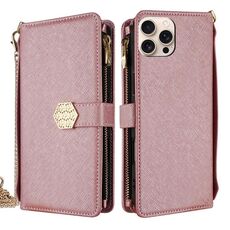 Per iPhone 16 Pro Max Custodia a tracolla in pelle con texture incrociata (oro rosa)