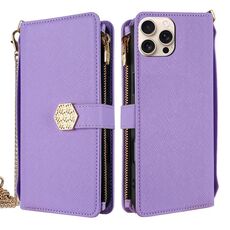 Per iPhone 16 Pro Max Custodia a tracolla in pelle con texture incrociata (viola)