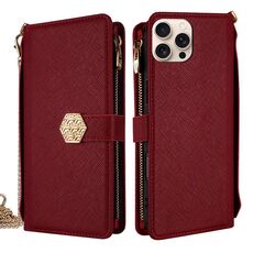 Per iPhone 16 Pro Max Custodia a tracolla in pelle con texture incrociata (rosso)